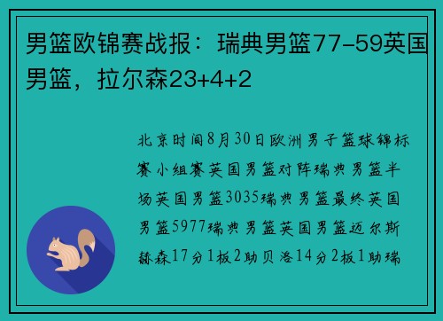 男篮欧锦赛战报：瑞典男篮77-59英国男篮，拉尔森23+4+2